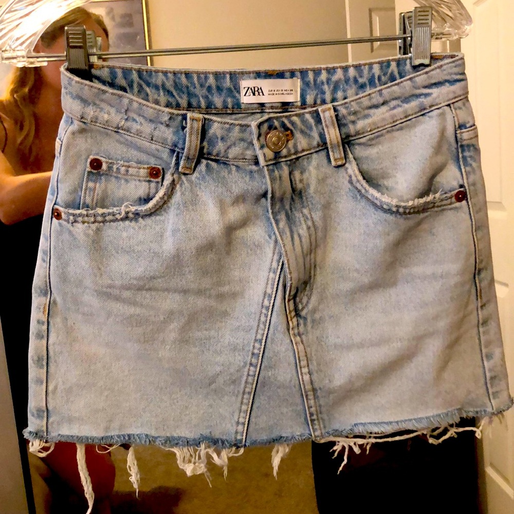 Zara Distressed Denim Skirt with Asymmetrical Zipper